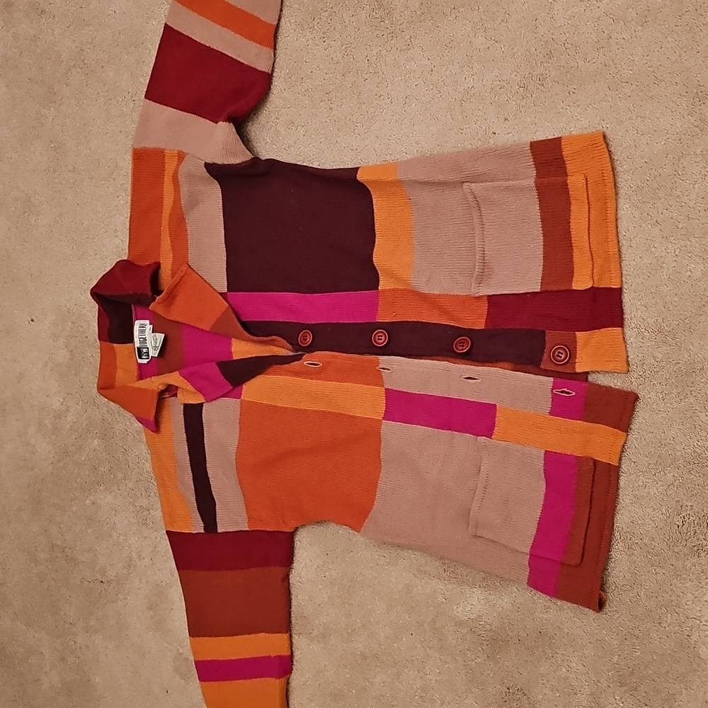 ORANGE MULTI COLOR BUTTON DOWN SWEATER - Picture 8 of 9